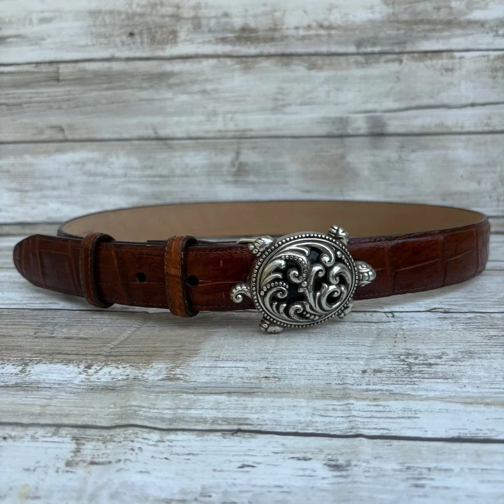 Brighton‎ Belt 30 Brown Crocodile Embossed Leather Silver Turtle Buckle Tortoise